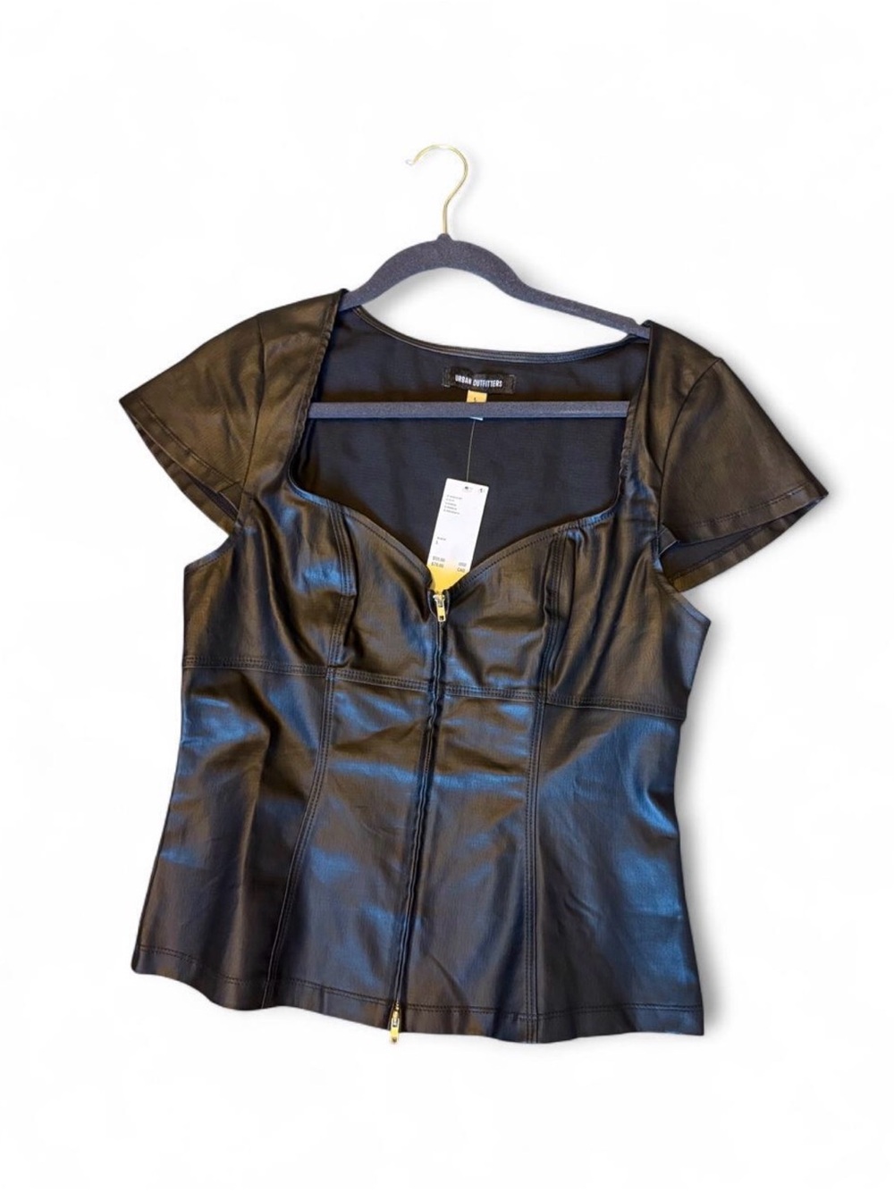 Urban Outfitters Black Faux Leather Zip-Front Cap Sleeve Top